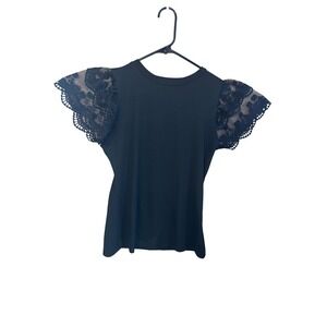 Womens M Black Lace Sheer Flutter Sleeve Top Cotton Romantic Goth Chic Festival